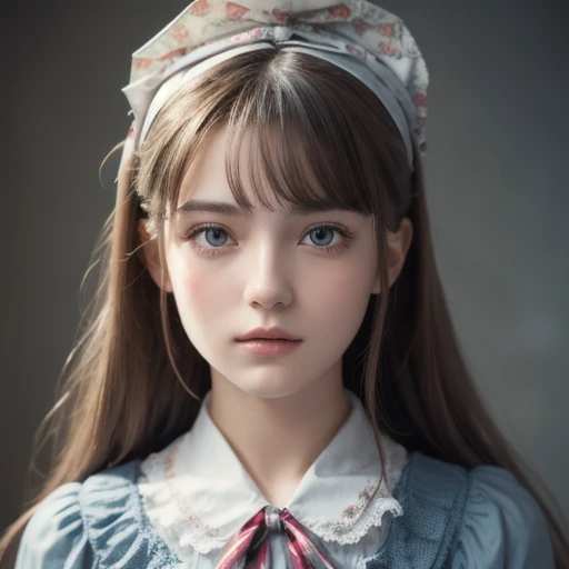  1 girl, Masterpiece,  best quality, 8k,   Detailed Skin Textures ,  detailed cloth texture,  beautiful detailed faces from faces and clothes,  complicated details,  more details,  Alice in Wonderland, (A ribbon on her head:1.1),  upper body