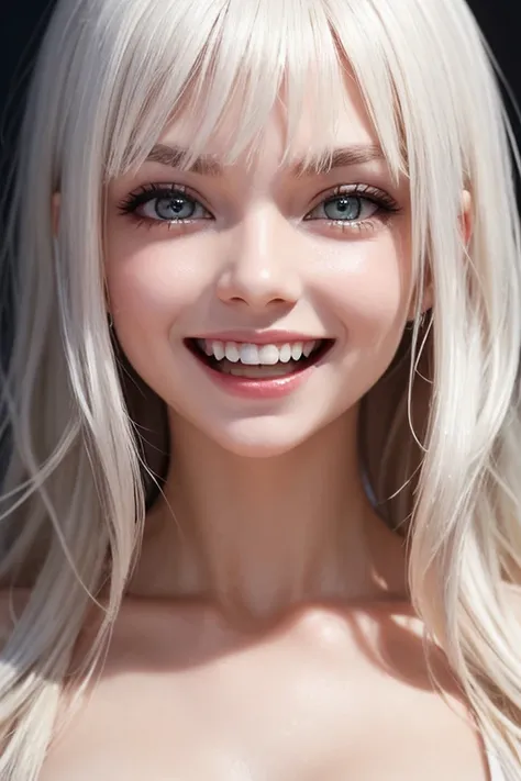 linda.  Flawless white skin.  white hair, long and semi-wavy , surreal art,Young and sexy girl, Shimmering pupils , Smiling face,  Amber Eyes, Excited, moan, evil grin, 