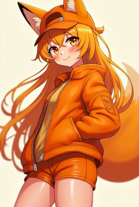 
Hot Anime orange fox girl with long hair and orange eyes with a orange jacket and a orange hat on backwards and short orange shorts