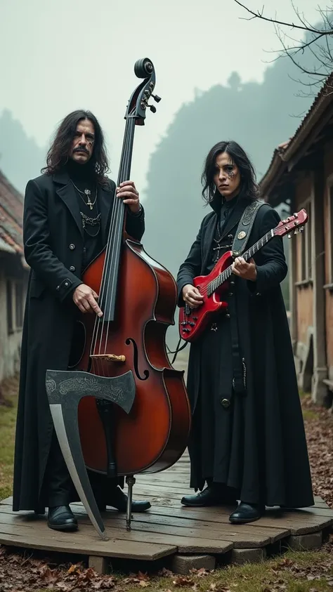  Banda Gotiga positioned on top of a small wooden stage in the middle of a medieval rural town ,  male vocalist on the right side of the stage  , with overcoat with several buckles on clothing and arms ., Strong and burly angel bass player wearing a trench...