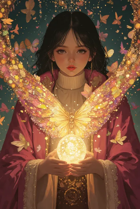 (photorealism:1.2), a very handsome young male wizard dressed in rich pinks wizard robe with a cream turtleneck summoning a flying butterfly-winged woman in a dress made of tulip flowers using a golden glemering crystal ball. a tense, scary and gloomy batt...