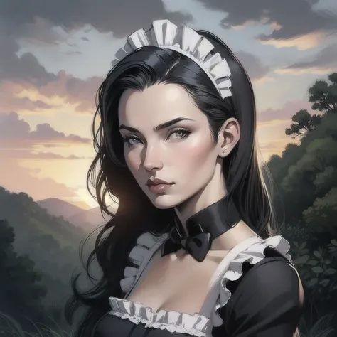  portrait of a beautiful girl , overcast sky in the background, lush landscape illustration,  conceptual art,  maid , pinterest,  Art Station , arte de lou ll