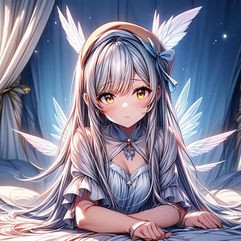  best detail 、 droopy eyes 、 is cute 、((( pretty face、Baby Face、 best composition、 best quality、 Top Masterpieces、 more details、 high definition 、CG)))、(Masterpiece),  best quality,  high definition , A White-haired star fairy girl with a magic wand、 Sickl...