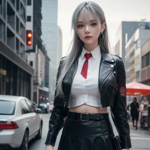  1 girl, Close-up, (Gray Hair,   medium hair with visible tattoos ,  big breasts,  red eyes),  perfect anatomy, city,  cyberpunk style, (( white shirt,  Black Jacket ,   black skirt, belly button, belt,   Black Glove ,  ties,  watch ,  earrings, transparen...