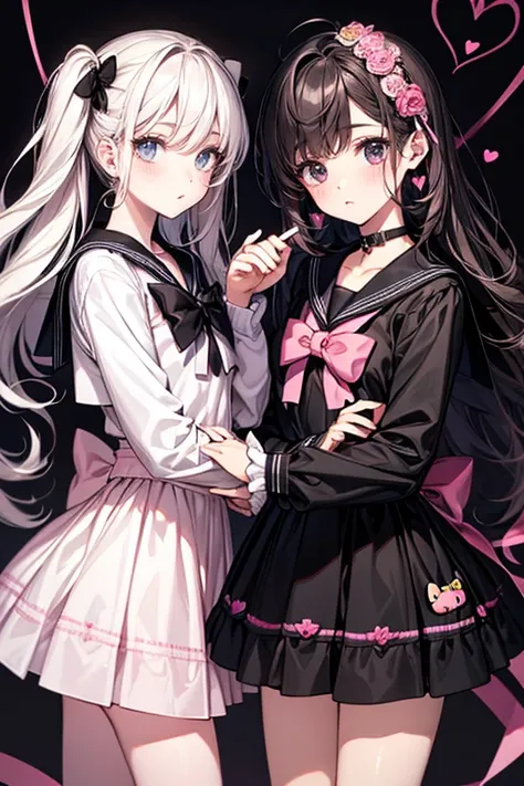 (high quality), (high resolution). Two man Wear sailor outfit, dark with messy hair and beautiful black tired eyes and has long eyelashes. Sticker hearts, ribbon or many cute sticker, chocolate and hello Kitty. Pink, black and white theme, 