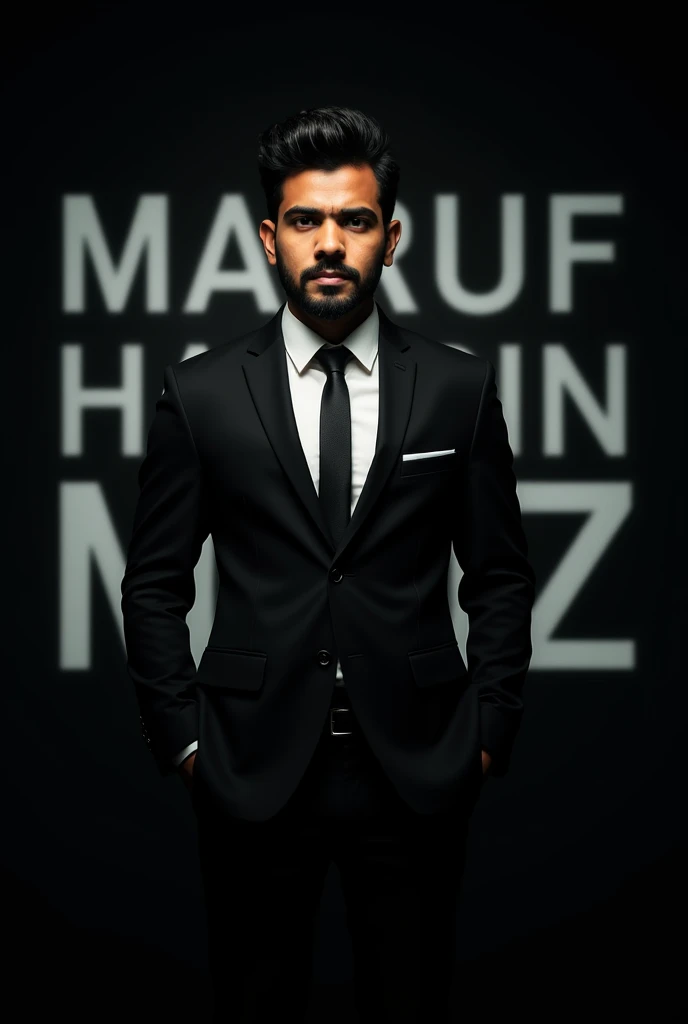 Create a highly realistic portrait of a 24-year-old Bangladeshi man named 'Maruf Hossain Maiz, standing in a dark room. He is wearing a blackblazer and a white shirt and black tie.

The lighting should be dramatic, focusing on his handsome face with a ligh...