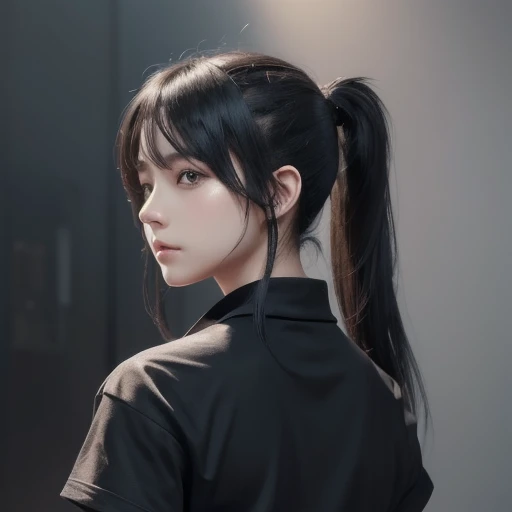 Black hair in a ponytail、 loose girl with twin tails, ,  black t-shirt , inflammation,  elegant ,   Digital Painting  ,  concept art ,  sharp concentration on that detail, illustration  