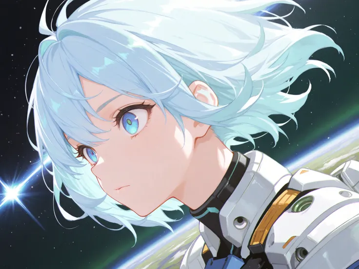 ( maximum resolution,  Very Detailed ,  Best Quality ,precise,  Masterpiece,Solo ),(1 woman, light blue hair, green ,Light graying hair ,Short, smooth hair , Side Wipe Hair , Bright Hair Highlight,Blue eyes,Blue-eyed widow,FLOATING IN SPACE,gundamaerial( i...