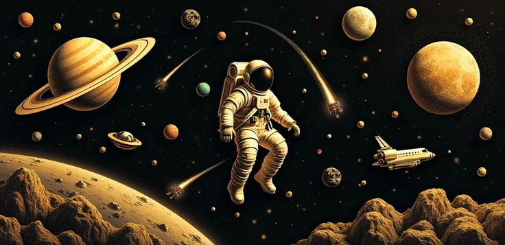 Gold  An astronaut floating in space

GOLD Planets, including Saturn with its GOLD rings, Earth, Mars, and the GOLD Moon

A space shuttle, rockets, and a satellite

A UFO hovering in space

A lunar rover on the Moon

Asteroids, stars, and shooting comets

...