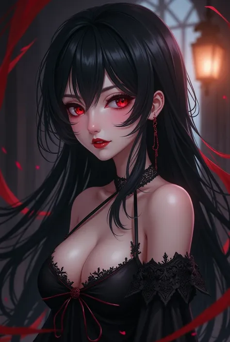 Anime vampire girl with long hair, red eyes , vampire teeth 