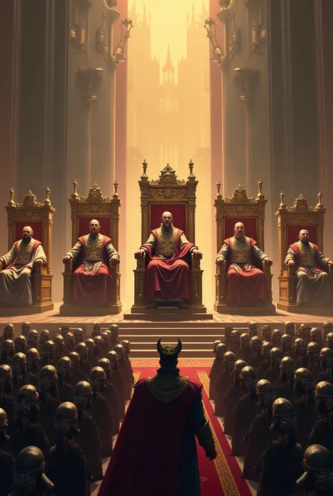 Six men sitting on thrones with realistic army at their feet 