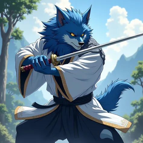 A full-bodied, blue-haired werewolf wearing a white and black kimono is practicing with a sword
anime illustration