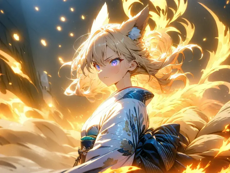 ((((masterpiece)))), anime coloring,Japanese anime,((((Best Quality)))), ,  ,(action),High resolution,fine grain,,Detailed face, Fox Girl,狐の耳,Wearing a kimono,hakama,Beautiful Skin、Beautiful and sophisticated eyes、氷,,雷,fire,xss