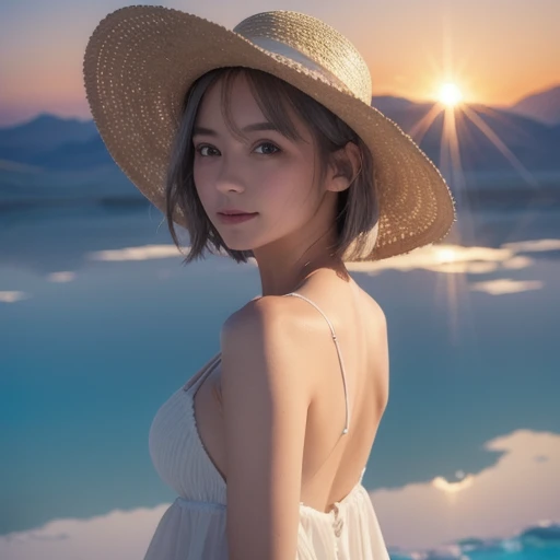  1 girl, Masterpiece,  extremely detailed, (  emitting a beautifully detailed glow  ),  lens flare, Gray Hair,  short hair while on a business trip,  floating hair,  look back, Behind the back, smile, blue eyes, white dress,  Medium Boobs ,  upper body,  w...