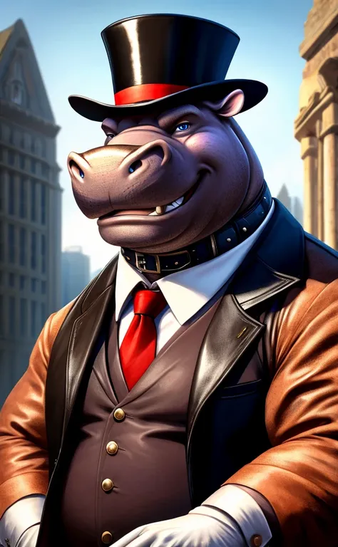 Solo, Male, close up, fat, extremely obese, steampunk, gentleman, dapper Hippopotamus, tilting head down, blue eyes, wearing a big leather collar around his neck, (soft shading), 4k, hi res, ((detailed face, detailed)), looking at viewer, evil grin, collar...