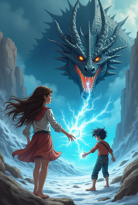  girl with brown hair with an 18-year-old boy with black hair who with their ice magic he faces a dragon in comic mode 