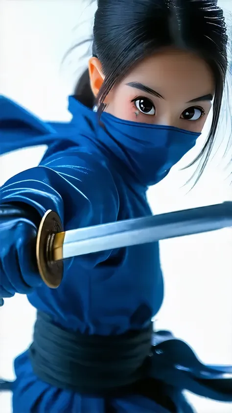 Ninja Girl、 is cute 、 chibi,cute
dark blue clothes、He holds a small sword in his opposite hand、 、 facing the front、 in full body frame、 high resolution,  anatomically correct, 最 High Quality ,  Ultra Fine,  High Quality ,  High Definition Model ,  high det...