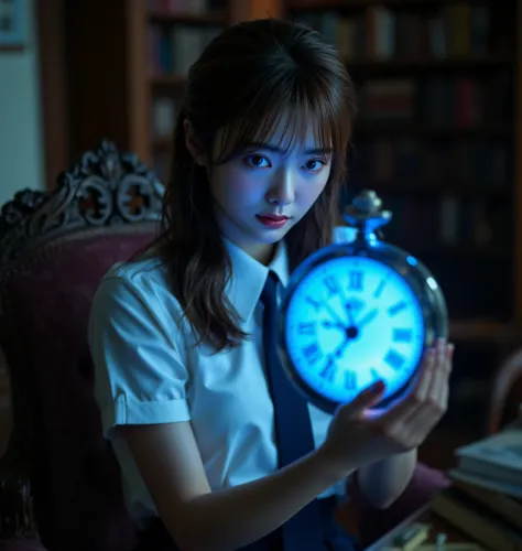 Beautiful japanese girl, wearing a self-defense officer uniform(White short-sleeved shirt and navy blue tie and short sleeve and navy blue and pencil skirt), black patent high heels, she sitting in a classic study as the pocket watch hangs from just outsid...