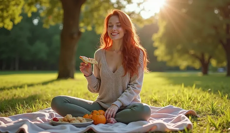  An attractive and slim redheaded Milf 26 years old,  sits on a blanket in the park and eats a picnic . She wears a sweater and leggings, who shows off her hot hourglass figure with big breasts (Cup size C) and a bubble butt.  She looks relaxed and enjoys ...