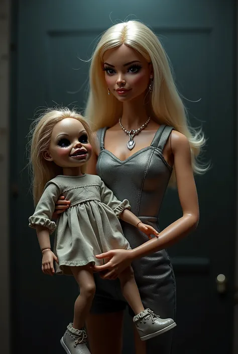 Barbie is holding a scary rag doll