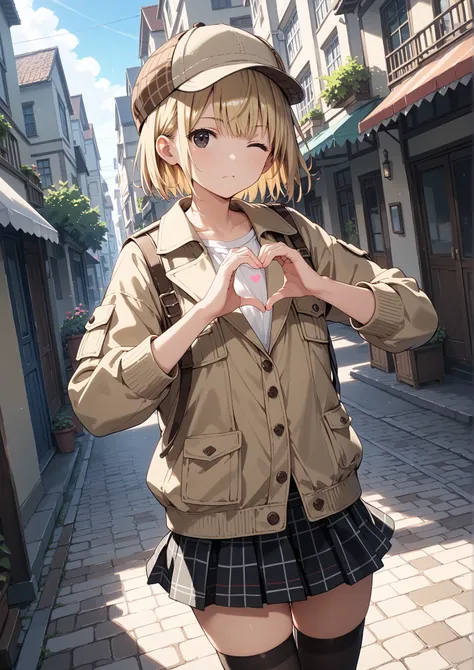 rating_questionable,
(cowboy shot), dutch angle, from lower,
1girl, solo,
ash blonde hair, short bob cut, asymmetrical hair, black eyes,
wearing a beige Cropped Jacket, (deerstalker hat), white under shirt, checkered mini skirt, thighhighs, detailed clothi...