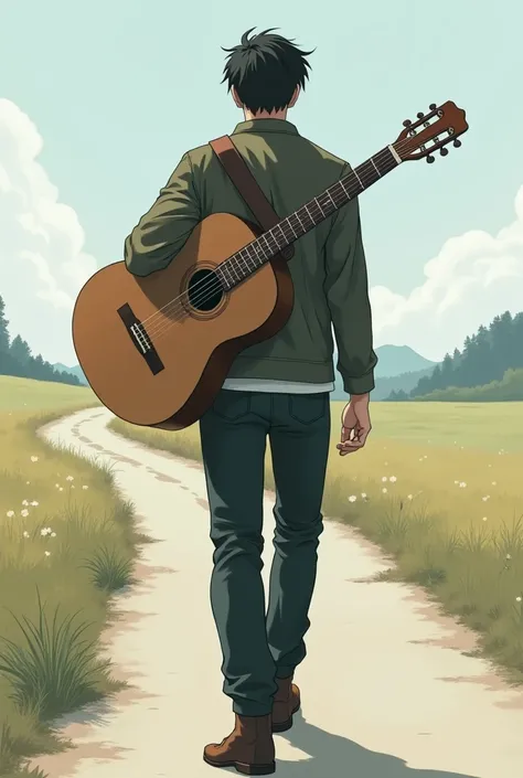 Make picture a man walk alone and put the acoustic guitar on his hand, anime Picture