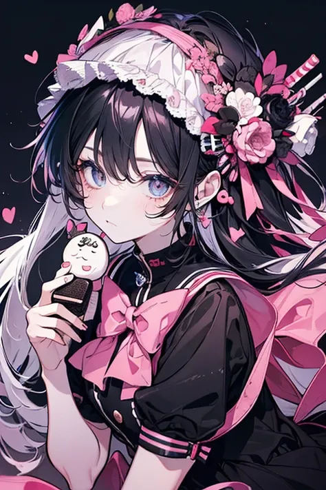 (high quality), (high resolution). Wear sailor outfit, man, eyes dark with messy hair and beautiful black tired eyes and has long eyelashes. Sticker hearts, ribbon or many cute sticker, chocolate and hello Kitty. Pink, black and white theme, 