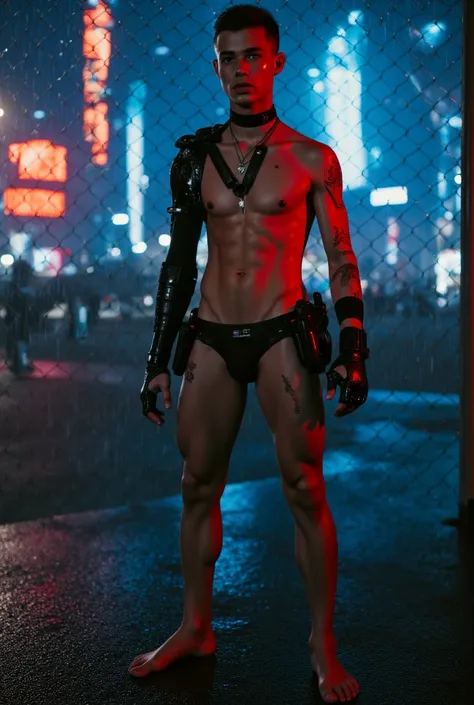 A detailed realistic full-body wide-shot homoerotic  photo of a young beautiful twink 18-year-old Swedish boy cyberpunk  stripper with a handsome preternaturally cute boyish face of a moviestar heartthrob shirtless. Wearing an intricately designed cyberpun...