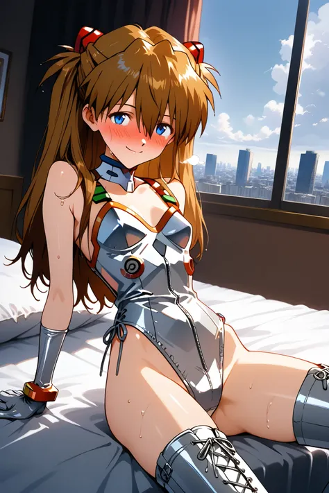 asuka_langley,1 female,solo,looking at the scenery,smile,
I_,wet brown hair,viewer,blue eyes,long hair,hair between the eyes,beautiful eyes,more detailed hair,

silver lace up boots,thigh-high boots,high heels,silver leather bunny suit（1.3）,play boy bunny,...