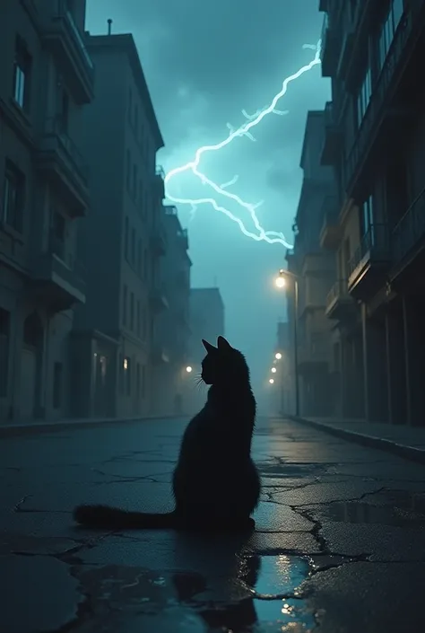 Cat was sitting alone in the middle of the night in a deserted city then a thunderstorm was walking on the sidewalk