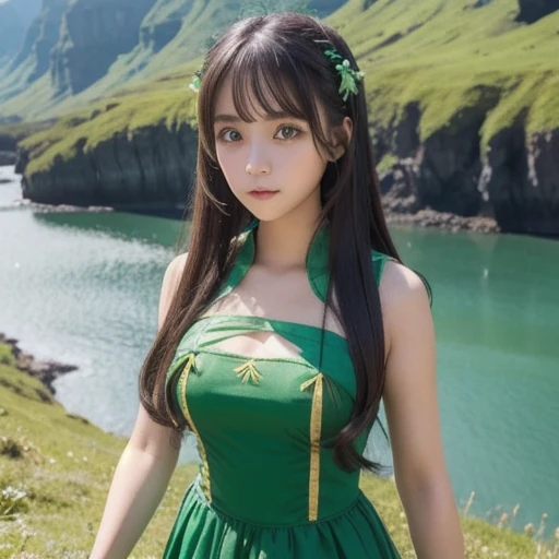  costume,  long hair,  girl ,  big eyes, Green Mountain々and green water,