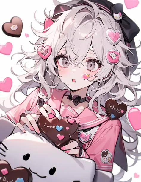 (high quality), (high resolution). Two man wear sailor dark and pink outfit, dark with messy hair and beautiful black tired eyes and has long eyelashes. Sticker hearts, ribbon or many cute sticker, chocolate, love letter and hello Kitty. Pink, black and wh...