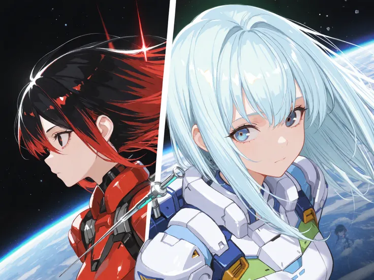 ( maximum resolution, Very Detailed , Best Quality ,precise, Masterpiece),Two girls,Floating in Space
( girl on the left , black hair,Long, straight hair, Side Wipe Hair , highlights bright red hair ,Needle-black eyes ,Red-eyed Widow ,Cold eyes,gundama...