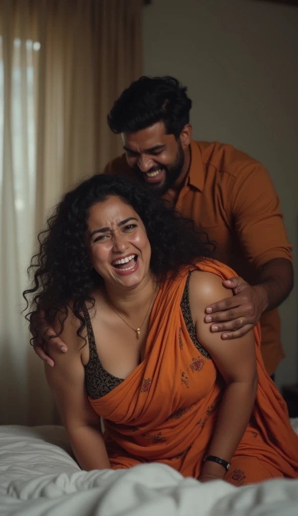 An Indian woman with medium plus size body, thighs visible in saree, busty breasts , bends over in bed and crying loudly with pain  and her drunken husband is standing behind her, pushing her hard and laughing background blur