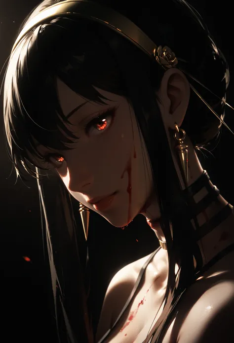 1girl, solo, yor briar, dutch angle, close up, black hair, golden headband, red eyes, blood stains, intricate choker, dark background, dark theme wallpaper, masterpiece, high quality, highly detailed