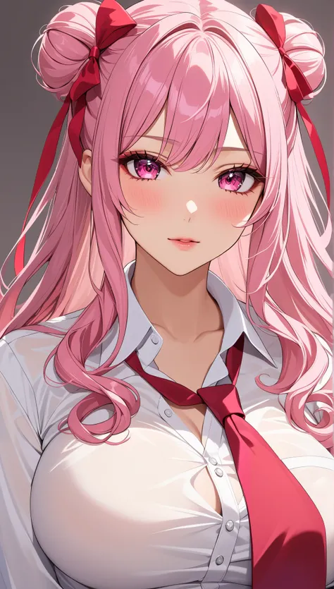  top quality　  Masterpiece  　 high definition 　  Masterpiece  　 pink long hair, curly hair,　　  pink Eyes 　, twin bun bun hair, big breast, seductive, flirty,  blushing, plain backround, no backround, white backround, gyaru, make up, white shirt, red tie, r...