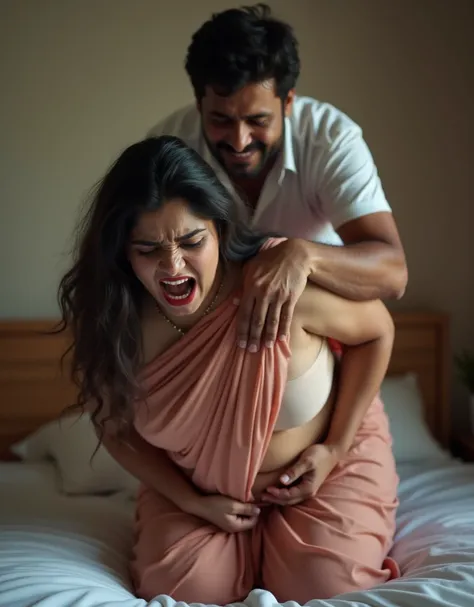 An Indian woman with medium plus size body, thighs visible in saree, busty breasts , bends over in bed and crying loudly with pain  and her drunken husband is standing behind her, pushing her hard and laughing background blur