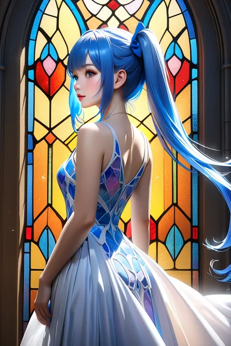  (bestquality,4K,8k, highres,masterpiece:1.2),ultra-detailed,(realistic,photorealistic,photo-realistic:1.25),HDR,UHD, high quality stained glass art ,  Draw a twin-tailed girl with blue hair in stained glass、 white dress、Realistic Sparkle of Stained Glass ...