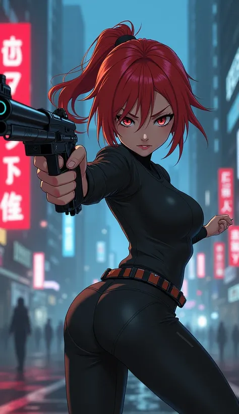 a red-haired female anime character with a firearm in her hands