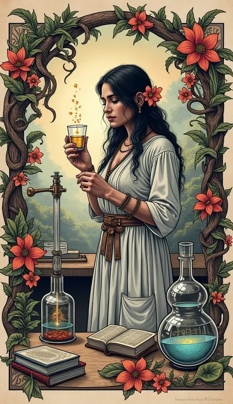 A highly detailed WOOD PRINT and engraving-style illustration that exudes a serene and mystical atmosphere, all in engraving style. In the background everything is clear, it's daytime. 
A well-enlightened alchemist is working in her laboratory carrying out...