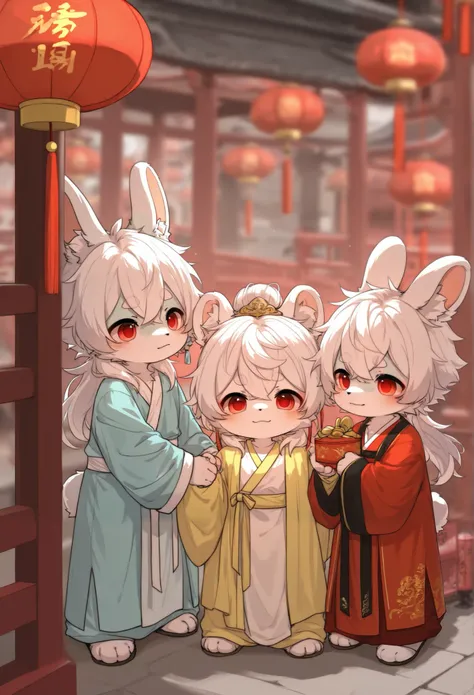 Bunny Boy，furry boy， toddlers， white hair ，Hanfu， red lantern ，Chinese New Year