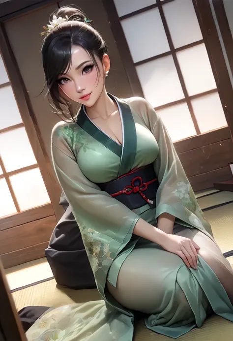  (realistic:0.8),(masterpiece), best quality, expressive eyes, best quality,ultra detailed,(1 ultra  meek lady :1.4), (cute lady) ,perfect face,(innocent smile), in a traditional Japanese room,( sheer kimono:1.4 ), elegant  soft green  kimono with flower p...