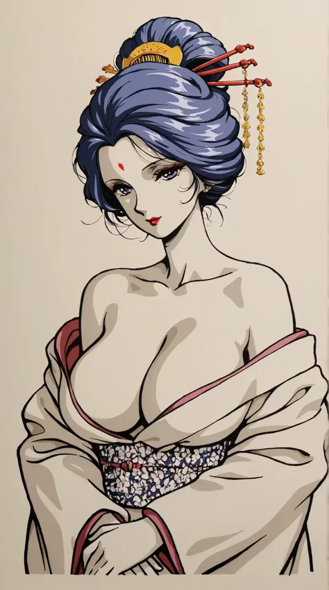 best quality, illustrator anime, master piece:1.5、(minimal art, line drawing), woman、geisha, purple eyes, blue hair, mouth with red lipstick, Black and white world、silence、An ennui look、Densely drawn, big breasts, cleavage, style retro classic, 




