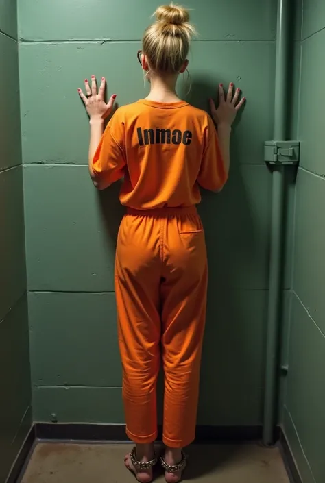 A full body image of a woman facing the wall in a jail cell, her hands are pressed against the wall and her head is to the side, the half of her face that is shown is that of a girl with a small nose, sharp jawline and plump red lipstick lips, she has glas...