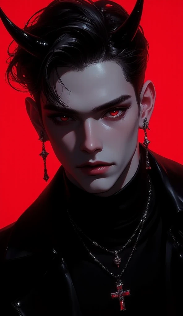 Portrait of a male with striking devil horns and piercing red eyes, featuring a sharp jawline and an intense gaze that exudes power and mystery. He is wearing a sleek black turtleneck paired with a black leather jacket, accented by silver earrings and a si...