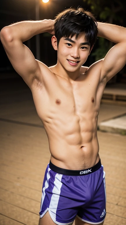 (( best quality)), ((masterpiece)),  Sunset Beach , slim and muscular teenage Japanese man hugging his shoulders and smiling,Lots of armpit hair.purple boxer shorts, large crotch bulge, realism 