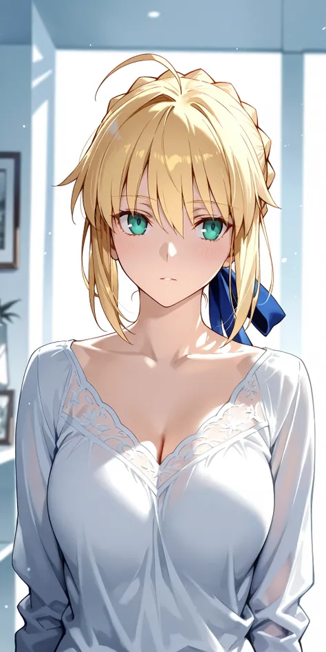 Masterpiece, mature woman, artoria pendragon (saber) (fate), slim, upper body, white shirt, long sleeves, ultra detailed, highres, absurdres, white room, portrait, fate stay night, ufotable studio style 