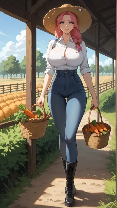 score_9, score_8_up, score_7_up, 1girl, 30 years old, solo, buxom body, huge breasts, cleavages, slender waist, slim feet, black boots, farmer, pink hair, blue eyes, holding basket, carrying carrots, carrots in basket, full body photograph, from head to to...