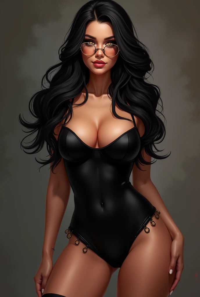 masterpiece A woman with huge breasts wearing short black shorts and a black top with glasses with golden eyes with long black hair and sexy body with thick legs with a seductive smile