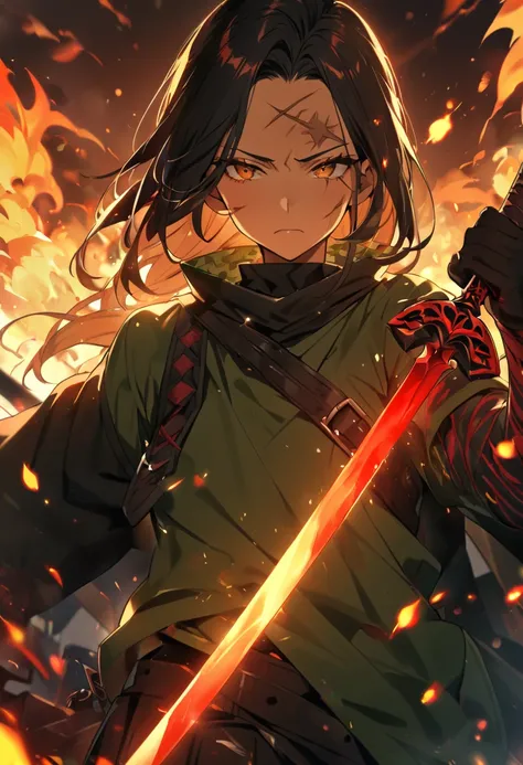 a demon slayer, blonde and black hair, flaming sword, red and green clothes, burn scar on forehead, 8k high definition